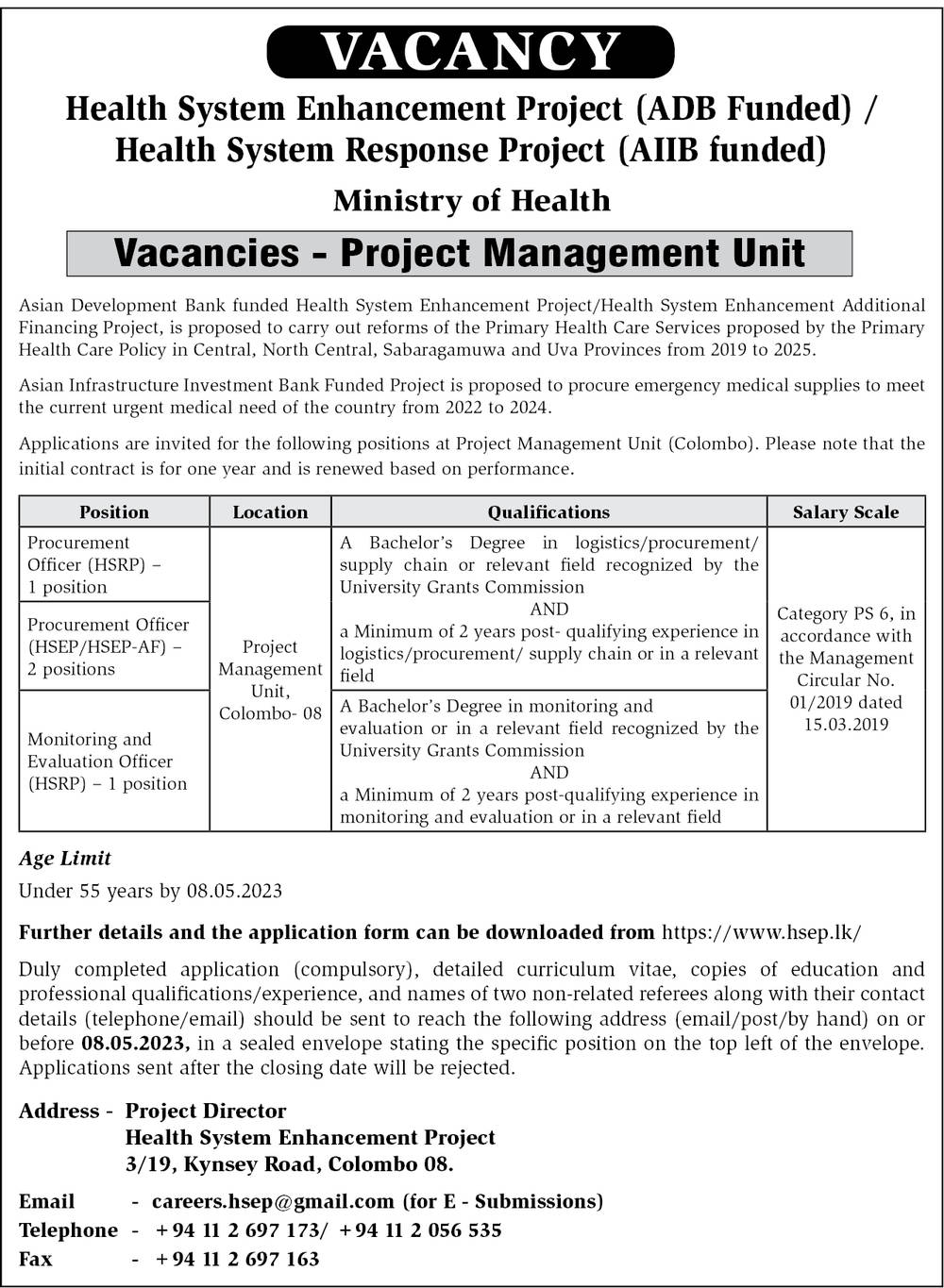 Procurement Officer, Monitoring & Evaluation Officer - Ministry of Health