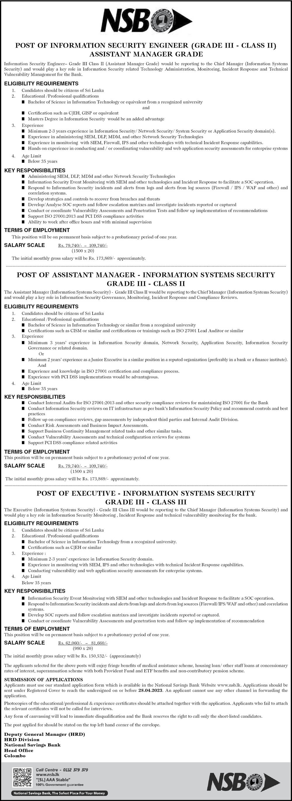 Information Security Engineer, Assistant Manager (Information Systems Security), Executive (Information Systems Security) - National Savings Bank