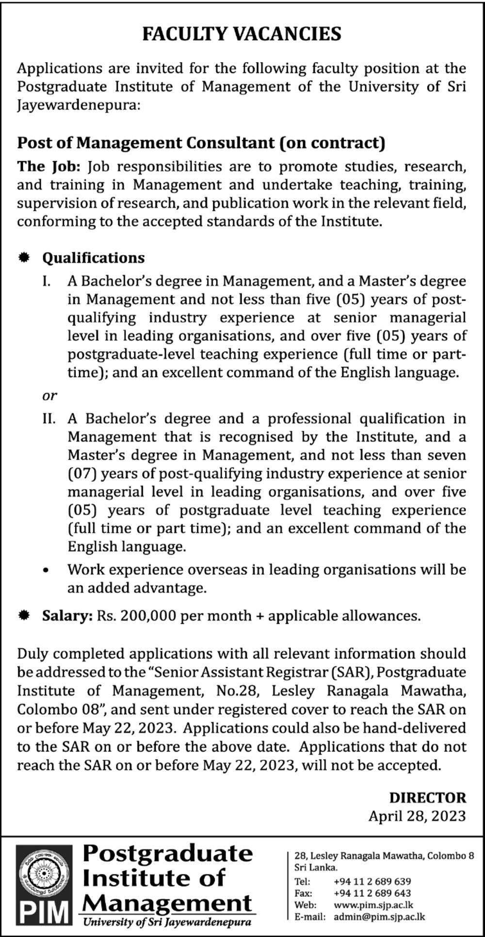 Management Consultant - Postgraduate Institute of Management - University of Sri Jayewardenepura