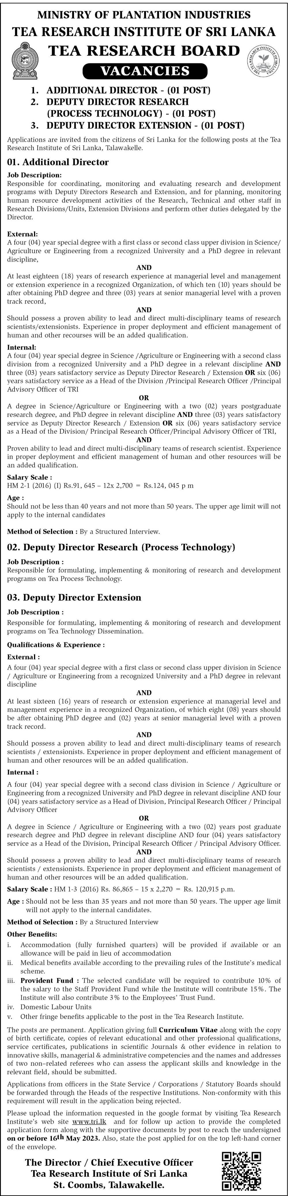 Additional Director, Deputy Director (Research, Extension) - Tea Research Institute of Sri Lanka