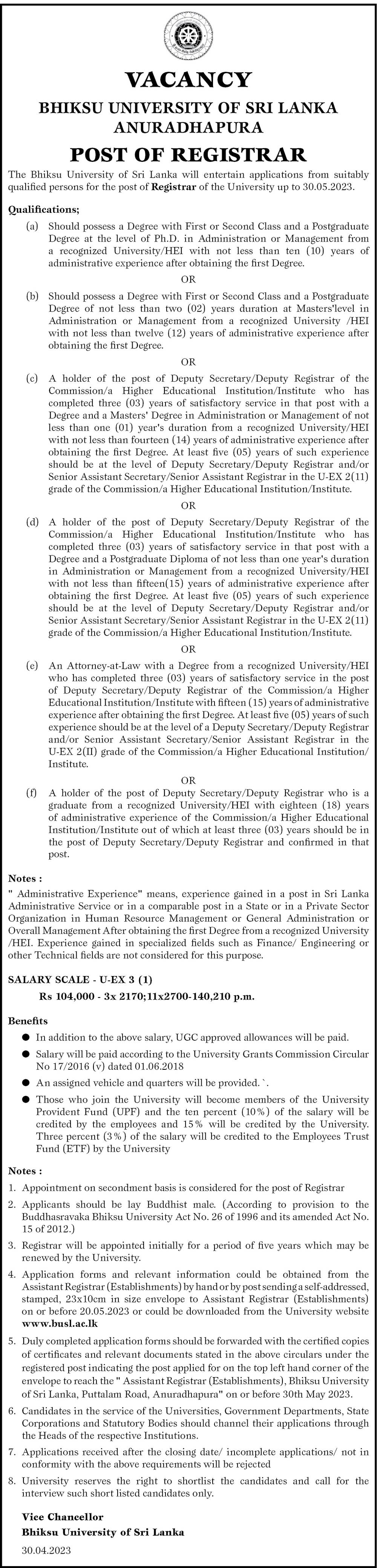 Registrar - Bhiksu University of Sri Lanka