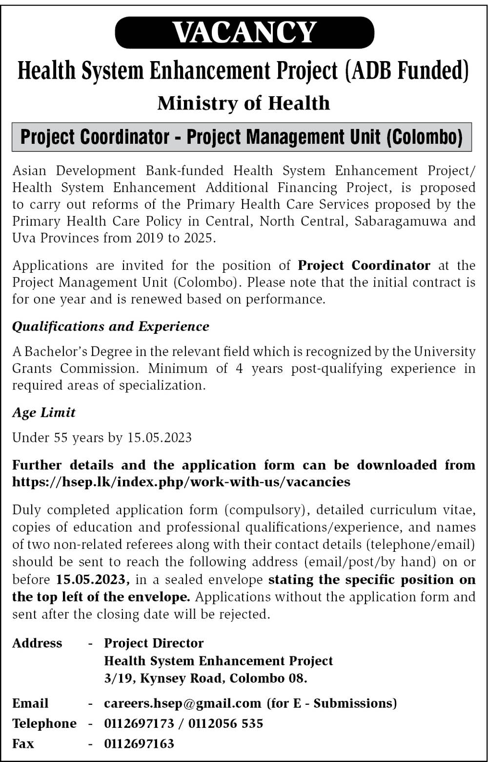 Project Coordinator - Health System Enhancement Project - Ministry of Health