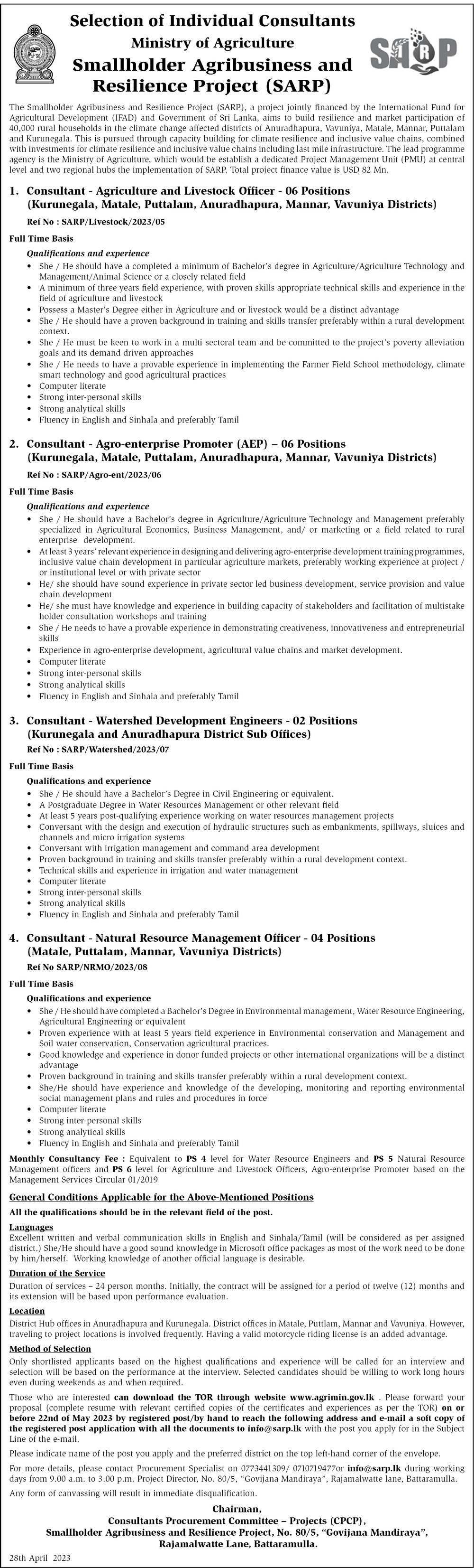 Consultant - Smallholder Agribusiness & Resilience Project - Ministry of Agriculture