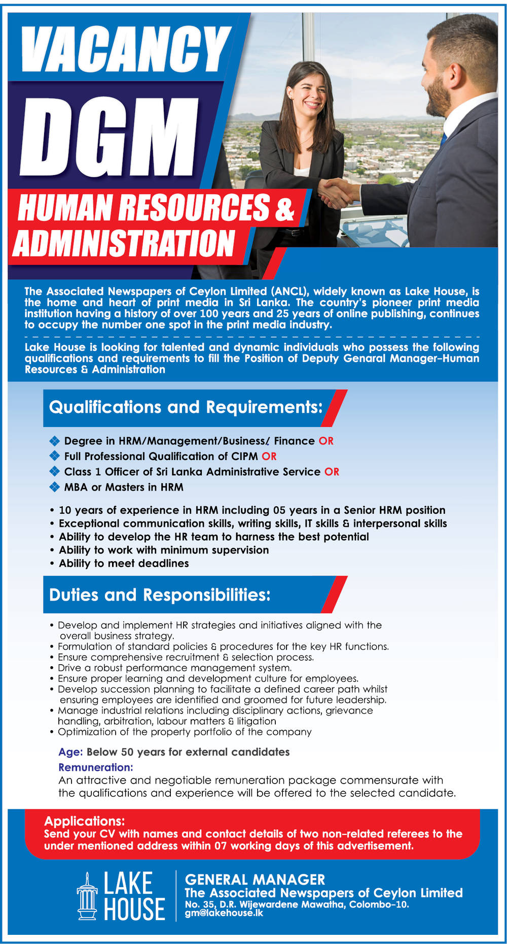 DGM (Human Resources & Administration), Web Journalist - The Associated Newspapers of Ceylon Limited