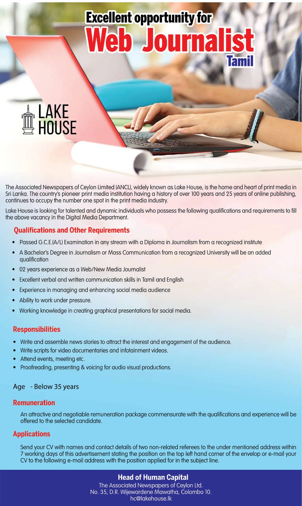 DGM (Human Resources & Administration), Web Journalist - The Associated Newspapers of Ceylon Limited