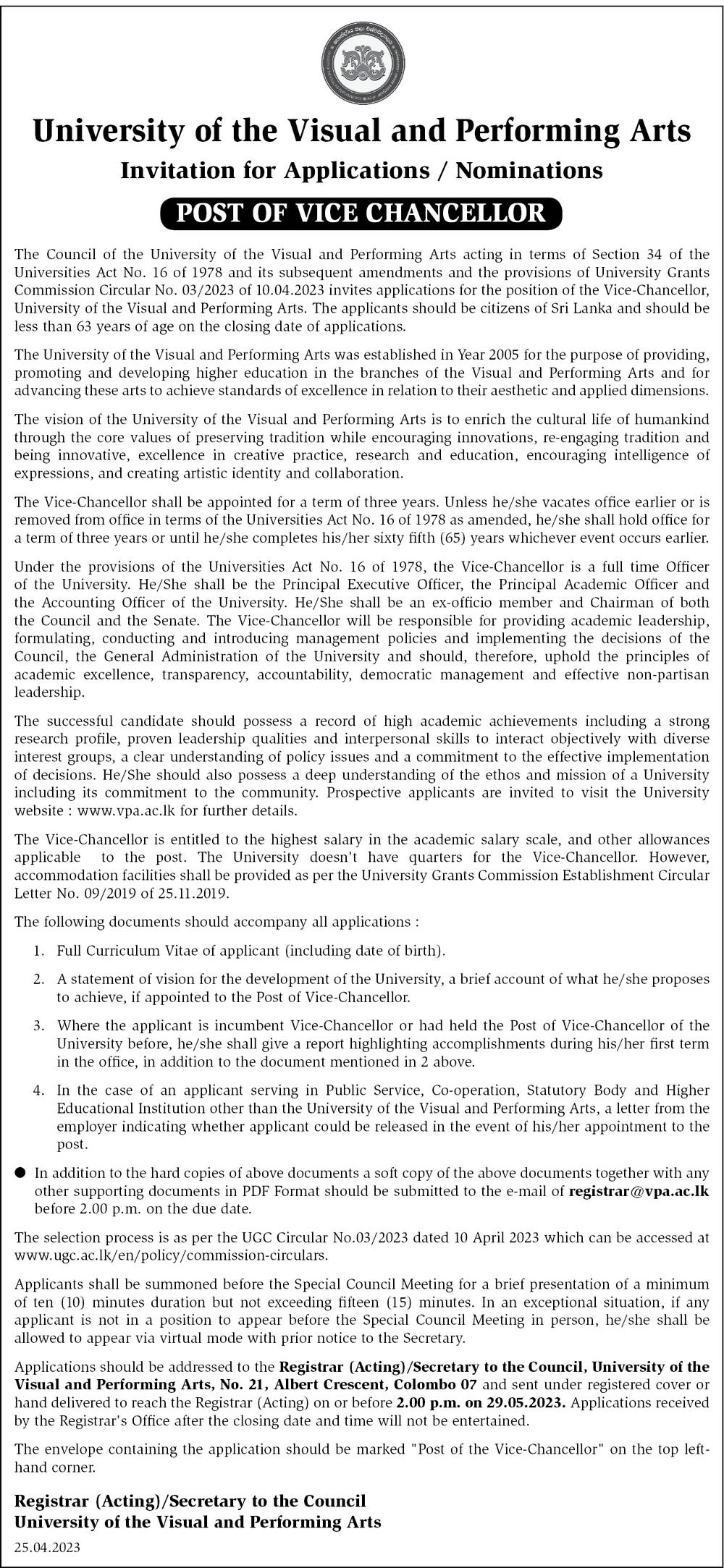 Vice Chancellor - University of the Visual & Performing Arts 