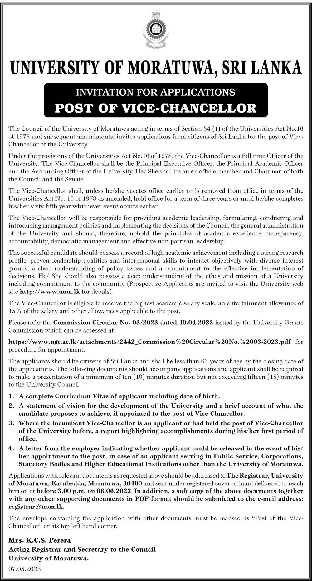 Vice Chancellor - University of Moratuwa