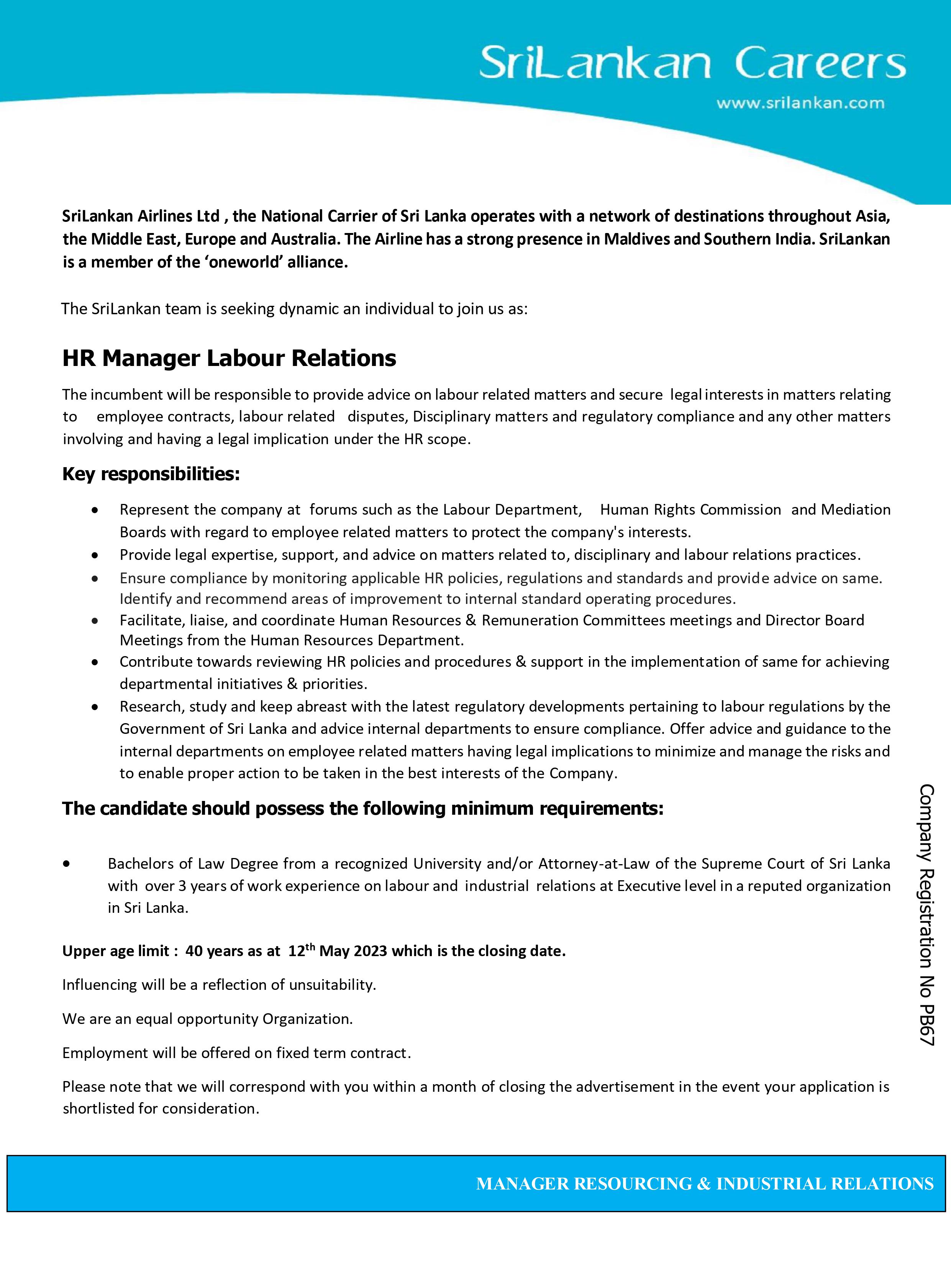 HR Manager (Labour Relations) - SriLankan Airlines Ltd