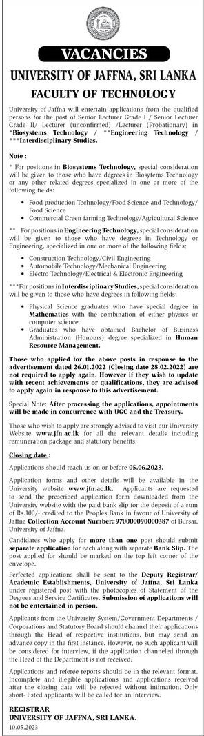 Senior Lecturer, Lecturer - University of Jaffna