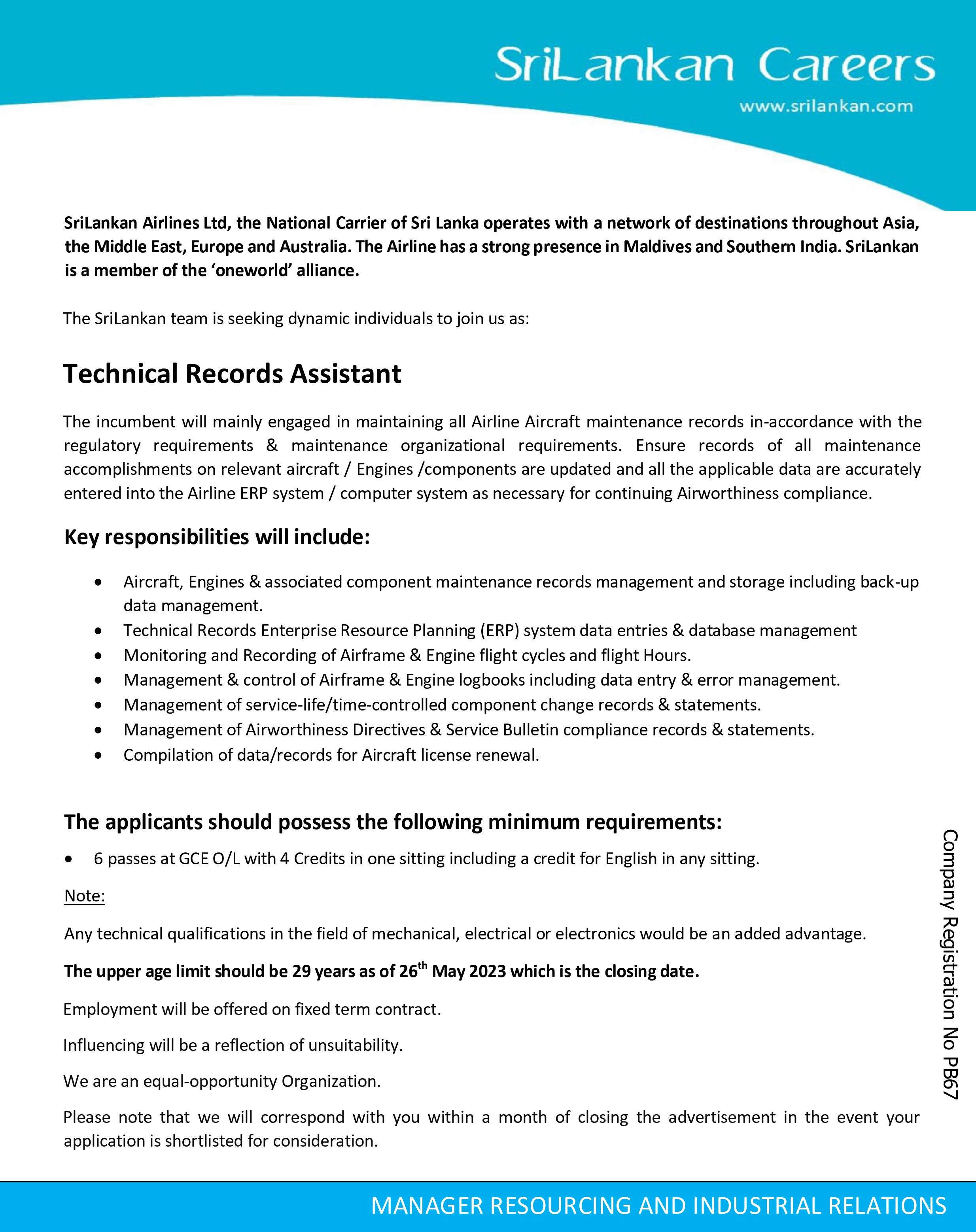 Technical Records Assistant - SriLankan Airlines Ltd