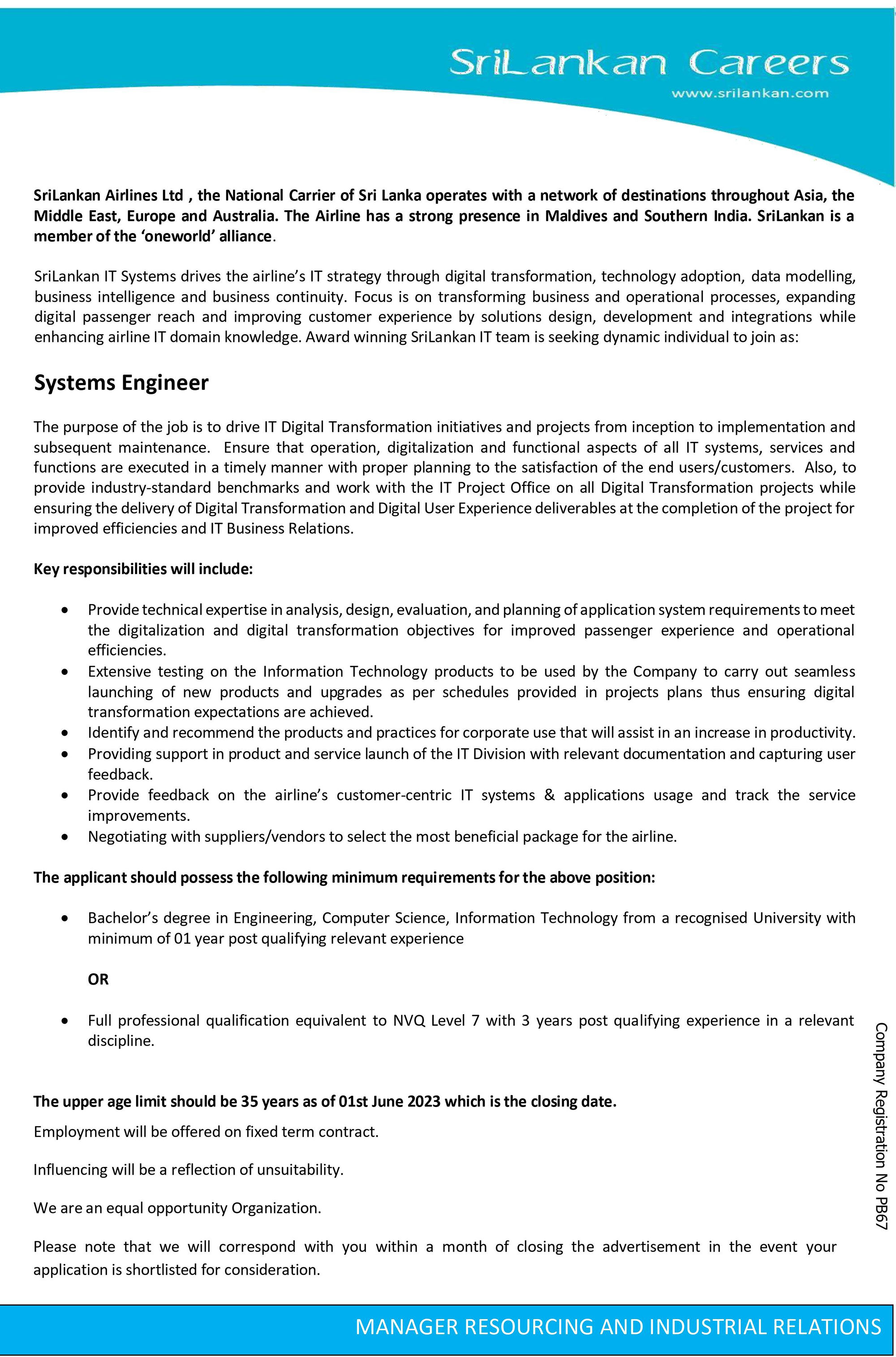  Systems Engineer - SriLankan Airlines Ltd