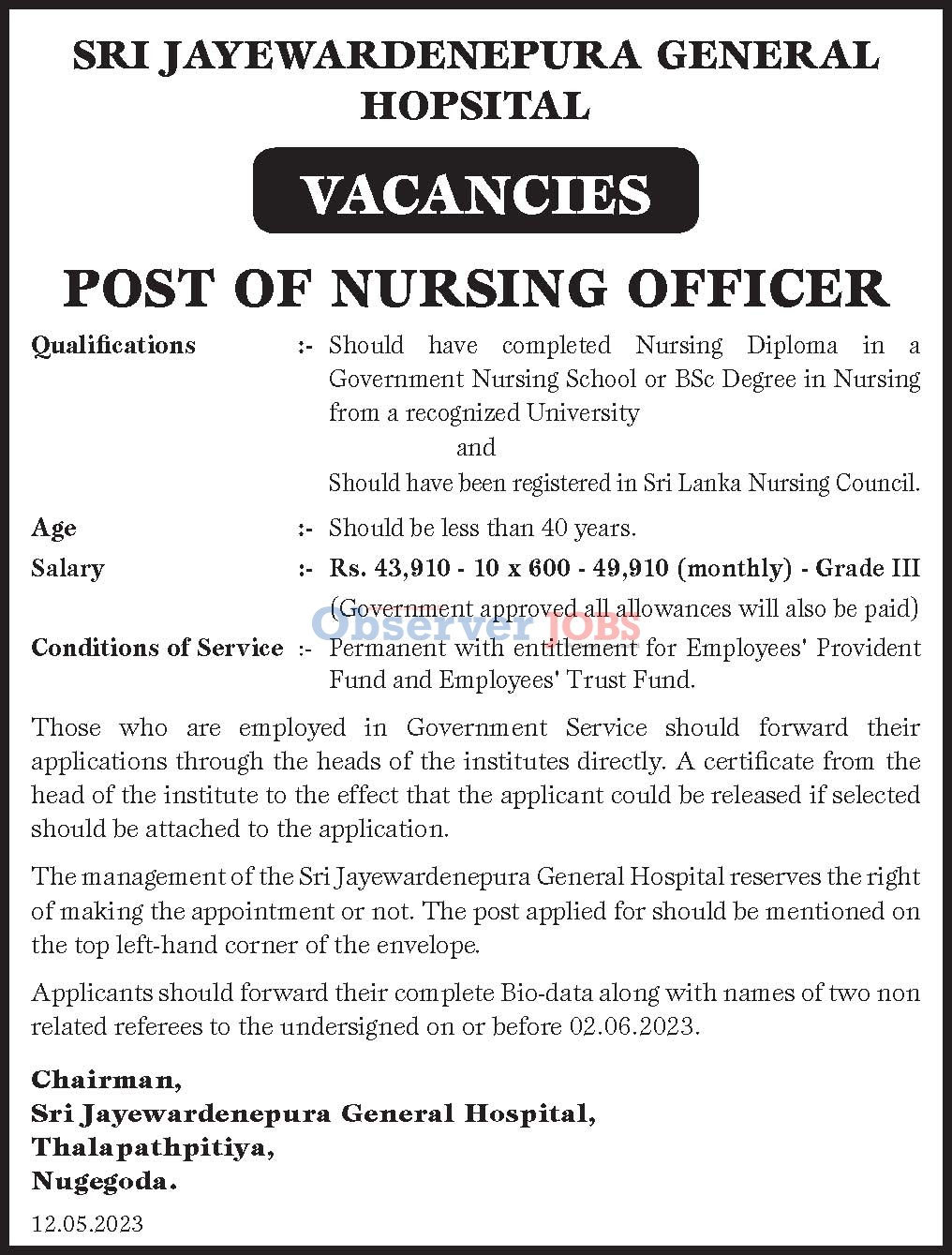 Nursing Officer - Sri Jayewardenepura General Hospital