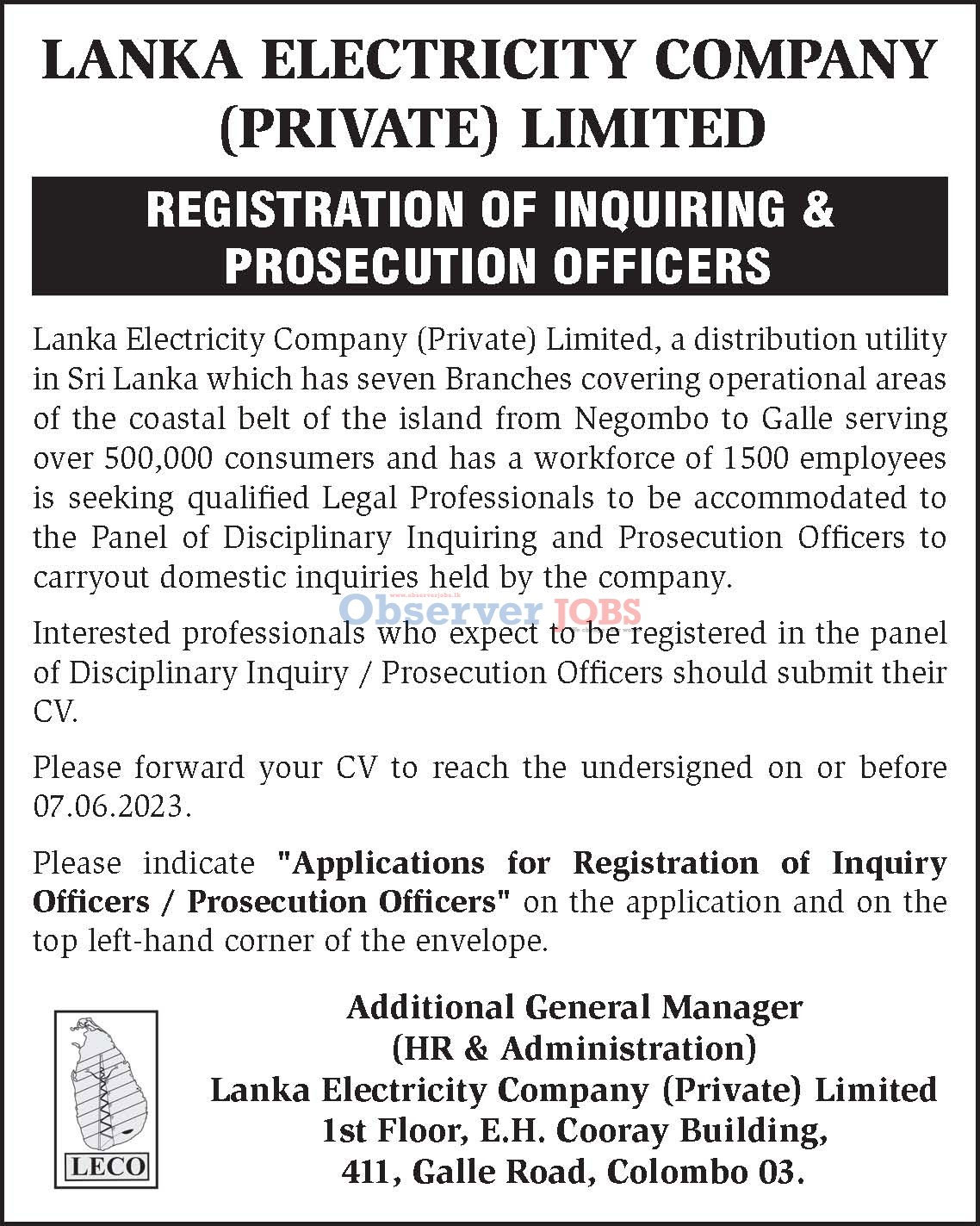 Registration of Inquiry Officers/Prosecution Officer - Lanka Electricity Company (Private) Limited