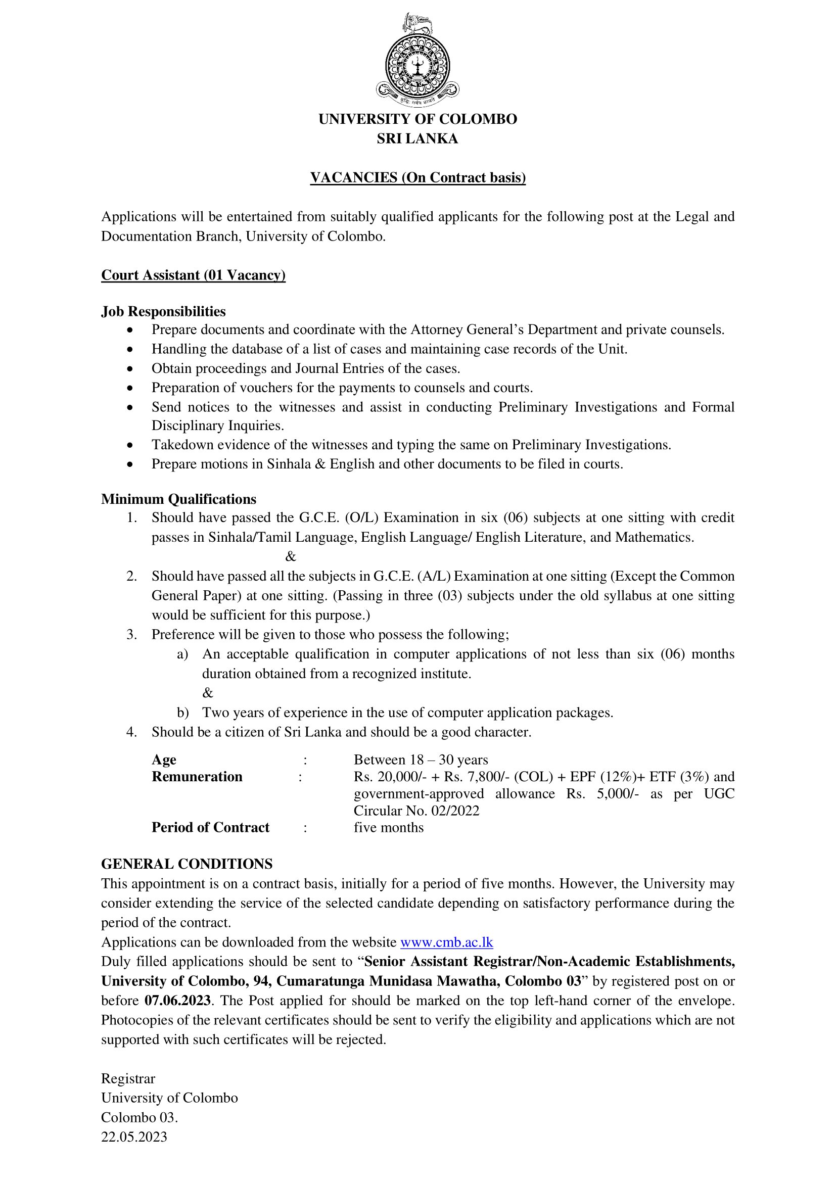 Court Assistant - University of Colombo