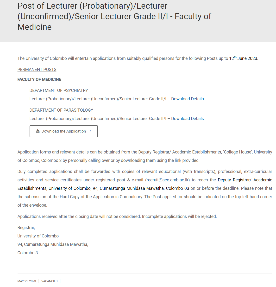 Lecturer, Senior Lecturer - University of Colombo