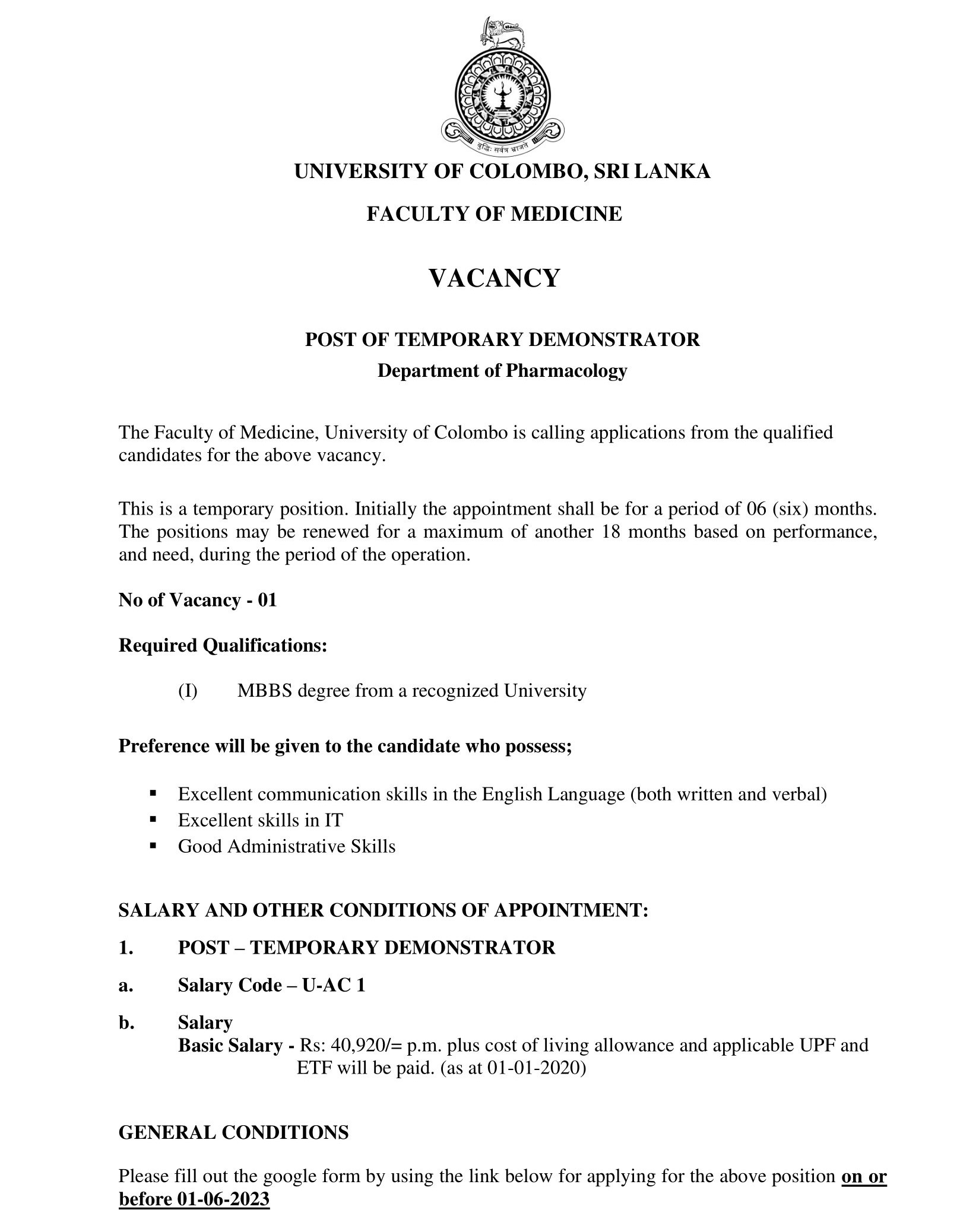 Demonstrator - University of Colombo