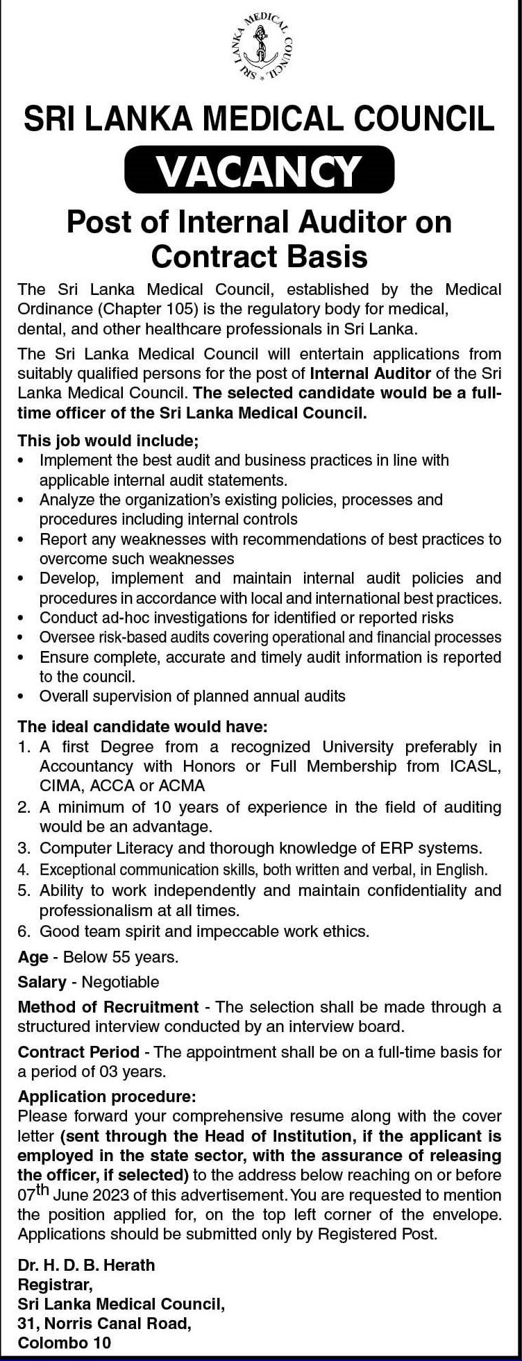 Internal Auditor - Sri Lanka Medical Council