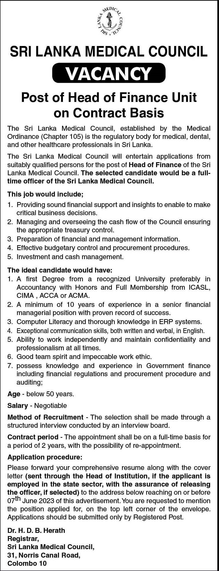 Head of Finance - Sri Lanka Medical Council