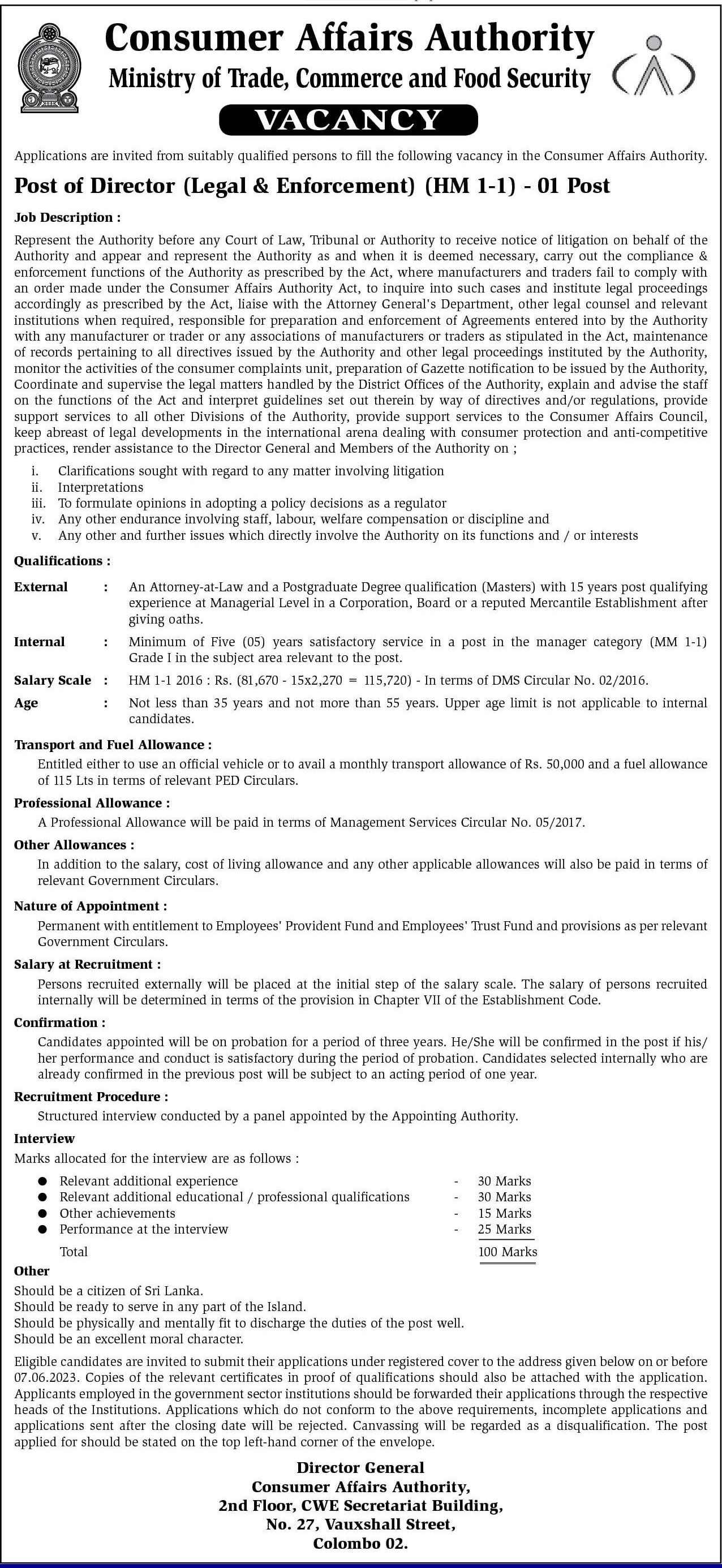 Director (Legal & Enforcement) - Consumer Affairs Authority