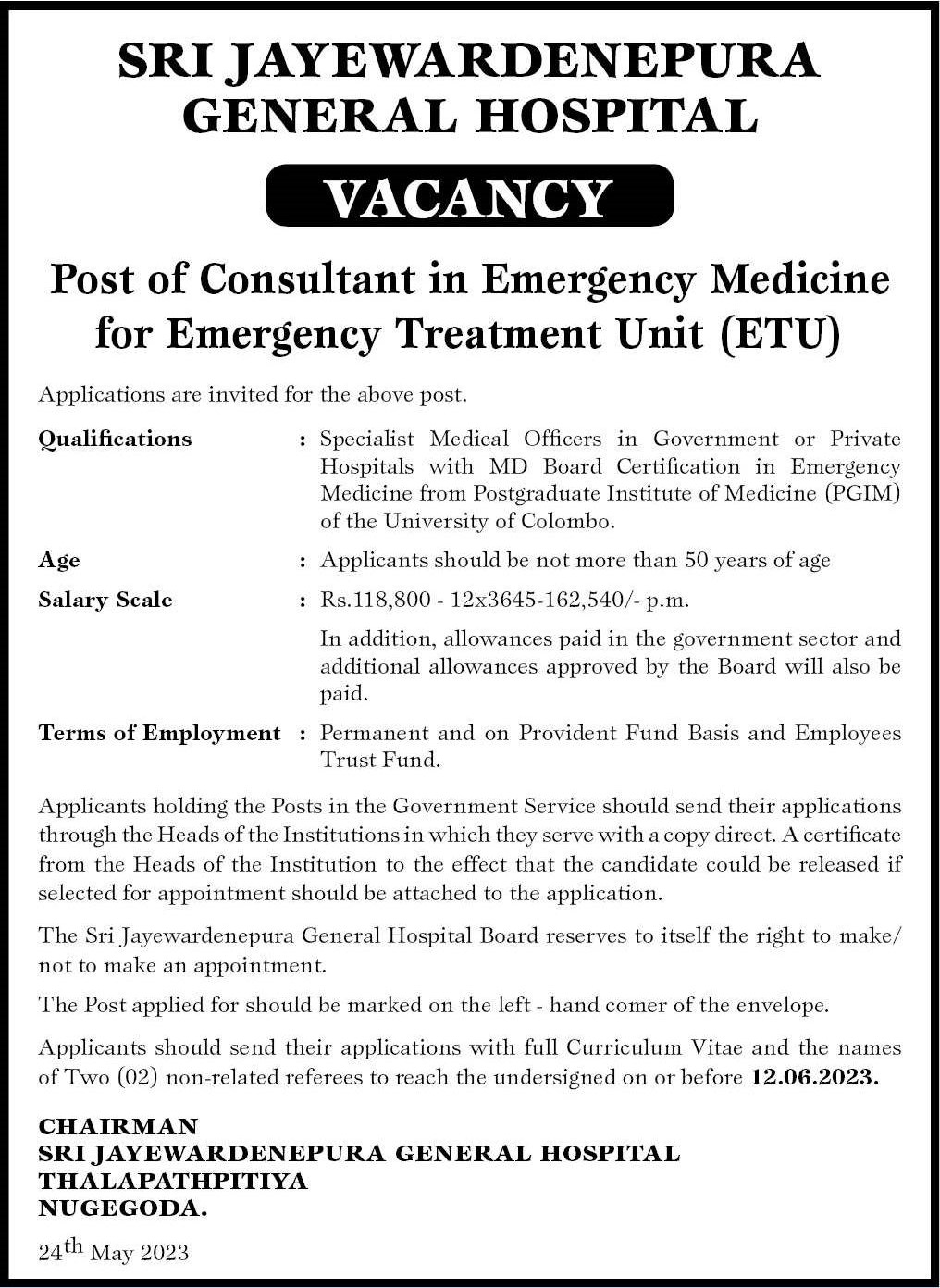 Consultant in Emergency Medicine - Sri Jayewardenepura General Hospital