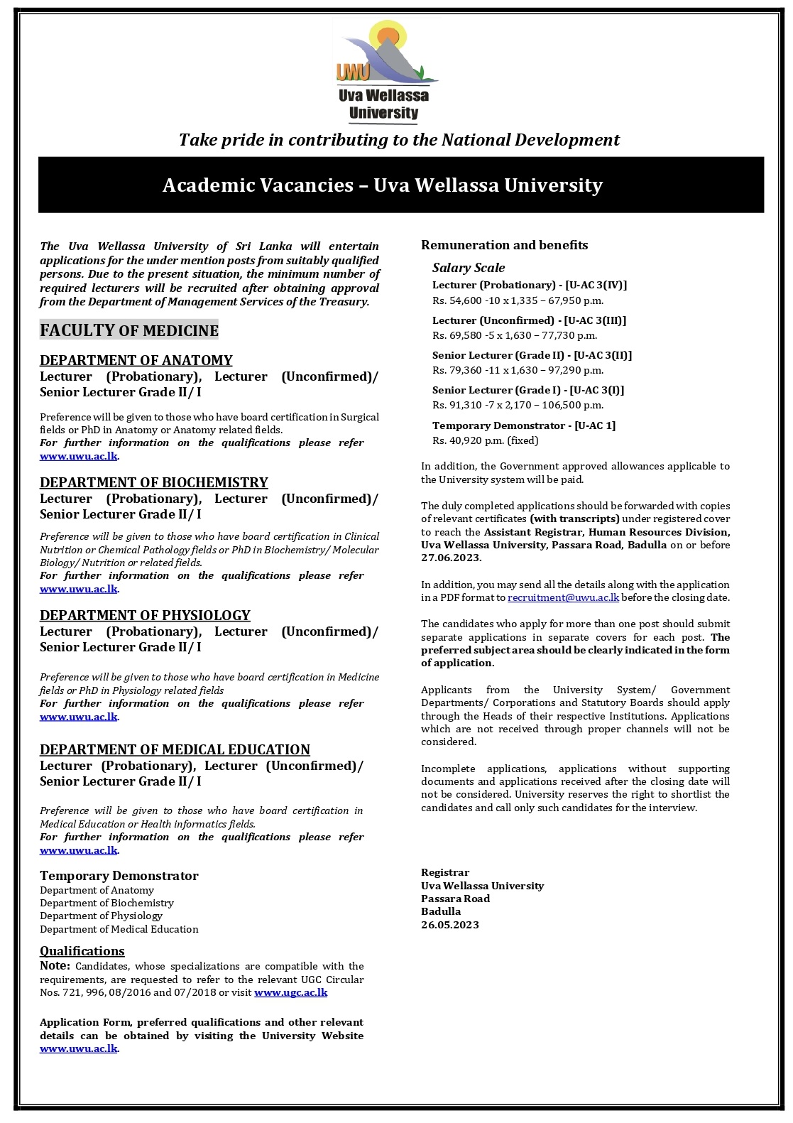 Lecturer, Senior Lecturer, Demonstrator - Uva Wellassa University