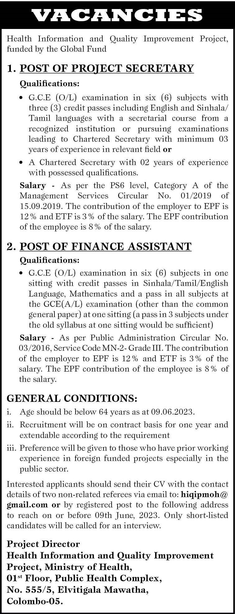 Project Secretary, Finance Assistant - Health Information & Quality Improvement Project - Ministry of Health