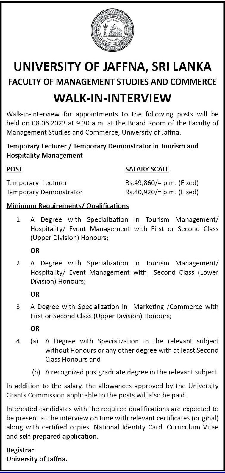 Lecturer, Demonstrator - University of Jaffna