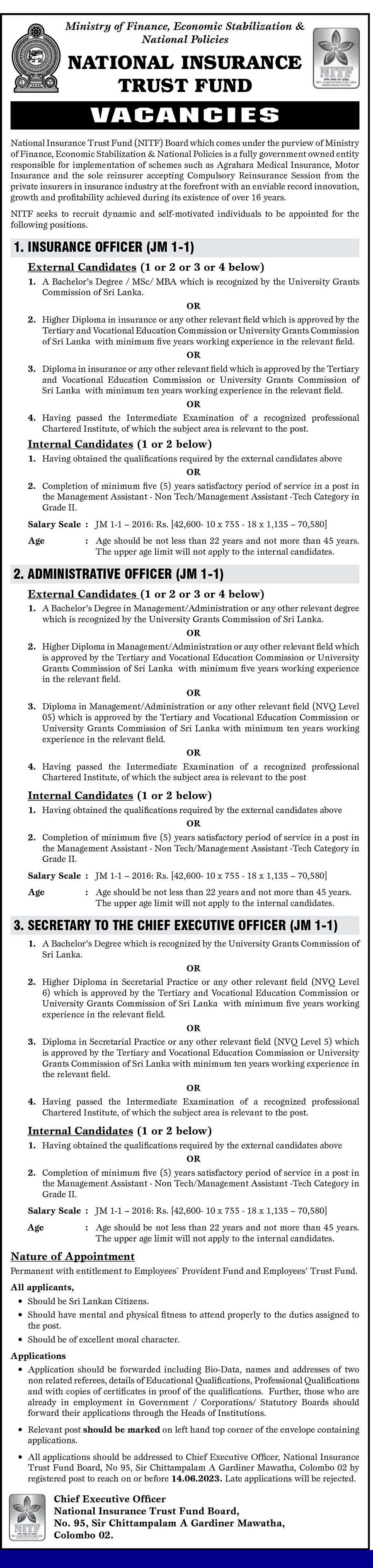 Insurance Officer, Administrative Officer, Secretary to the Chief Executive Officer - National Insurance Trust Fund Board