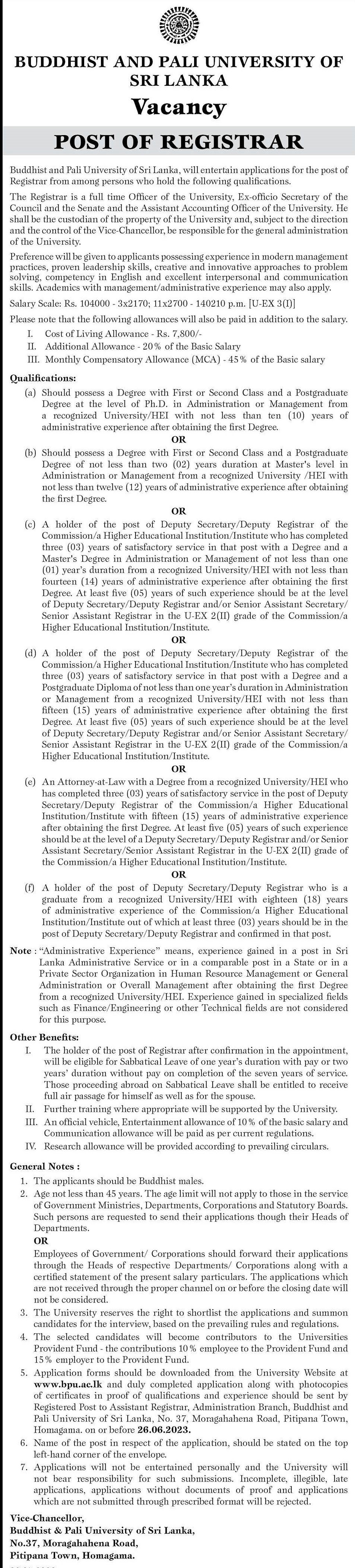 Registrar - Buddhist & Pali University of Sri Lanka