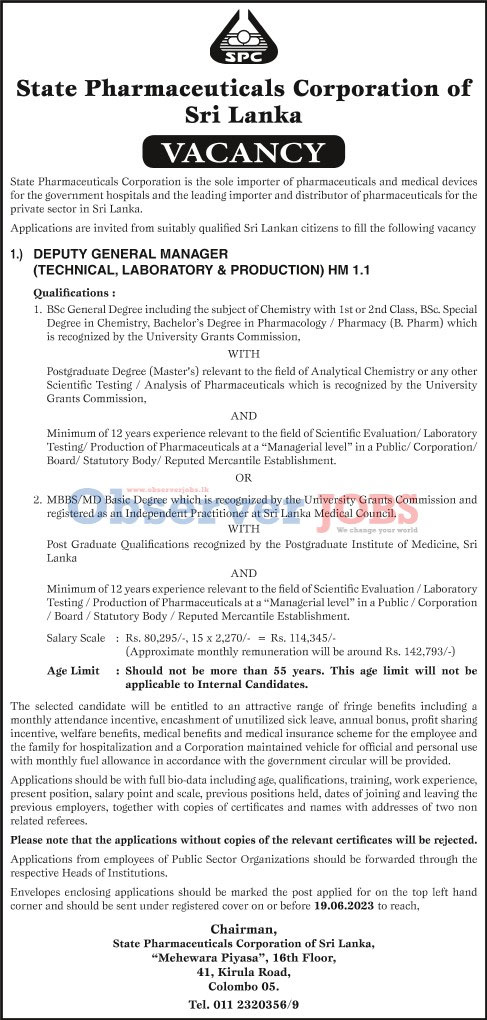 Deputy General Manager (Technical, Laboratory & Production) - State Pharmaceuticals Corporation of Sri Lanka 