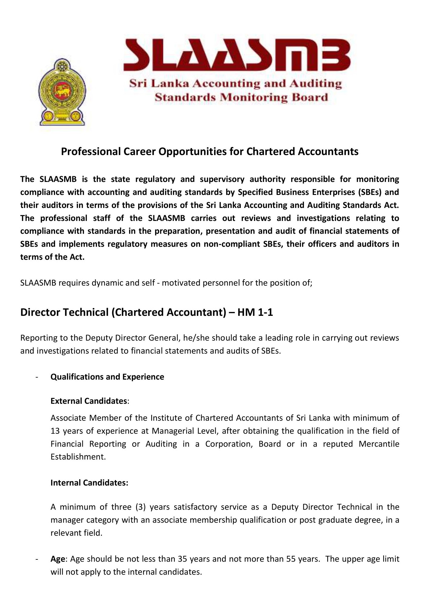 Director Technical (Chartered Accountant) - Sri Lanka Accounting & Auditing Standards Monitoring Board