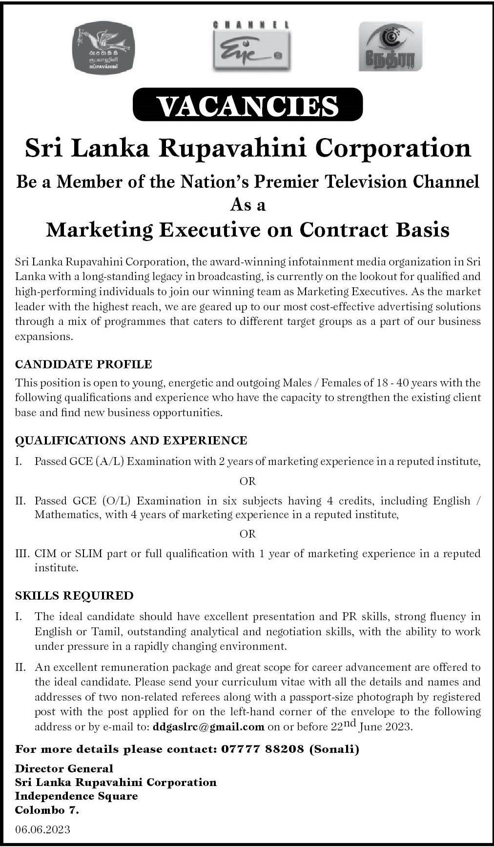 Marketing Executive - Sr Lanka Rupavahini Corporation