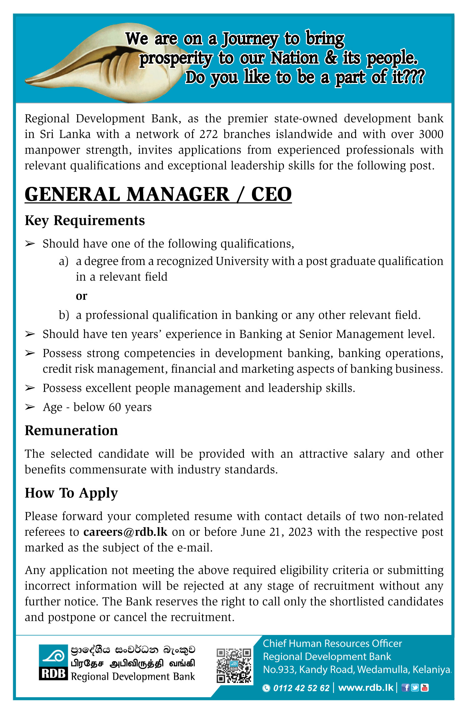 General Manager/CEO - Regional Development Bank