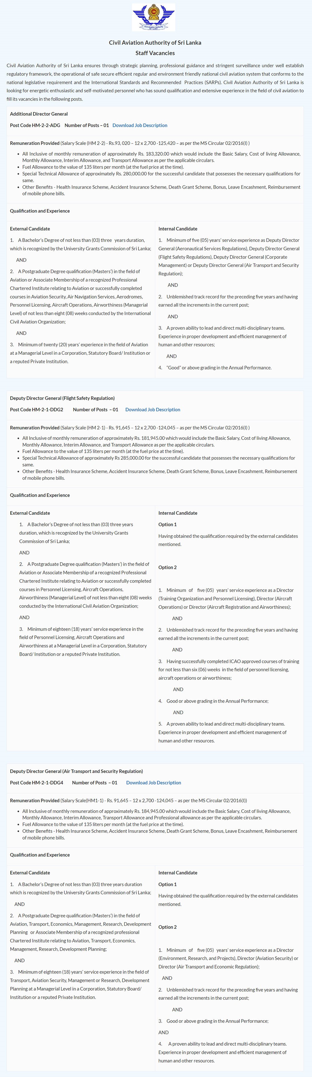 Additional Director General, Deputy Director General, Director, Civil Aviation Inspector - Civil Aviation Authority of Sri Lanka 