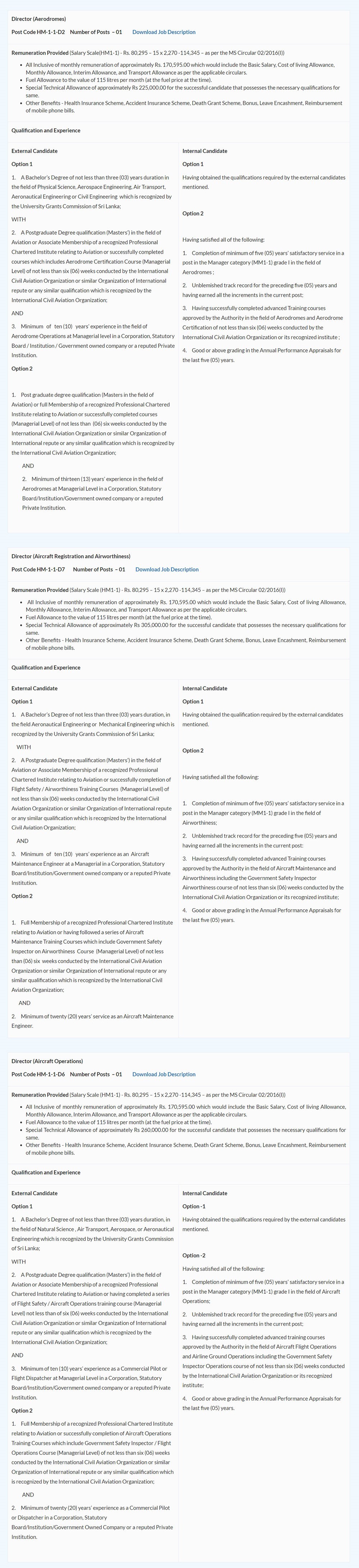 Additional Director General, Deputy Director General, Director, Civil Aviation Inspector - Civil Aviation Authority of Sri Lanka 