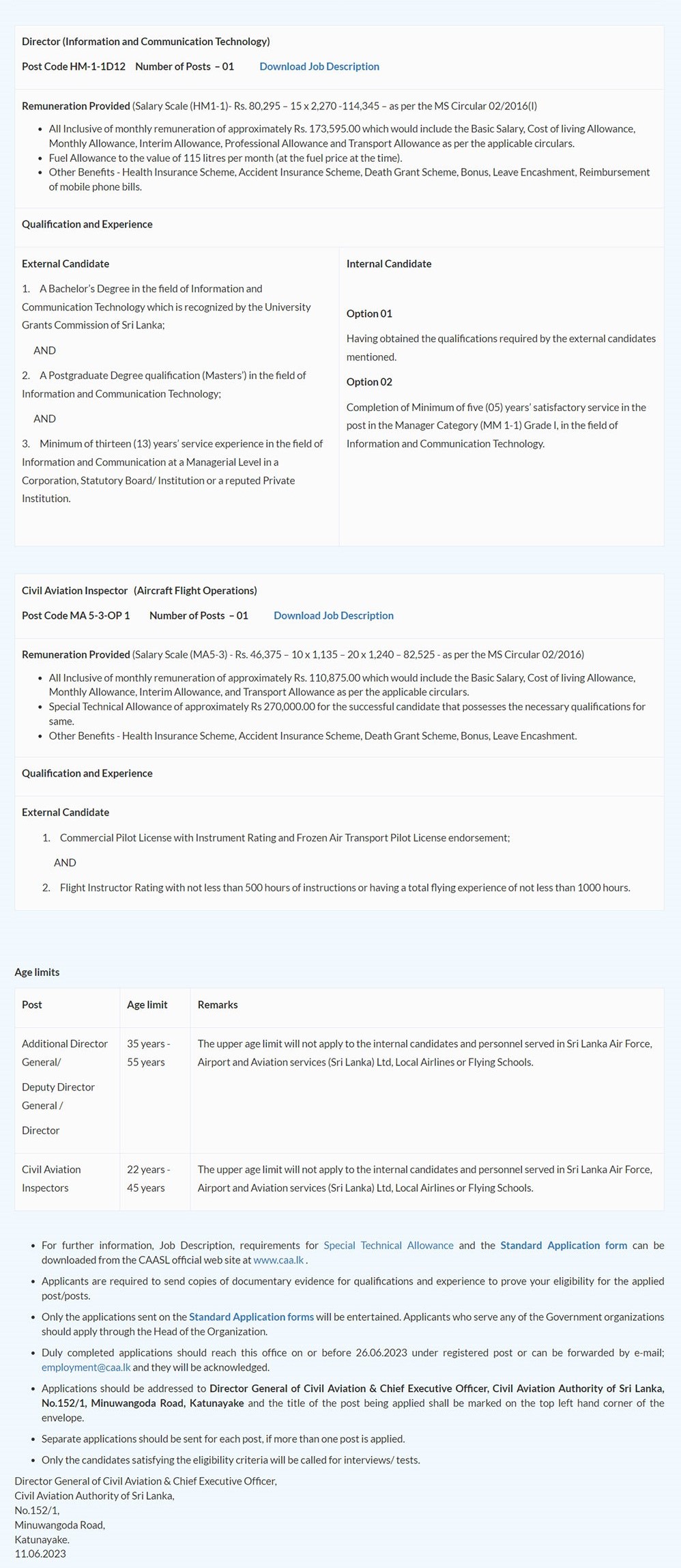 Additional Director General, Deputy Director General, Director, Civil Aviation Inspector - Civil Aviation Authority of Sri Lanka 