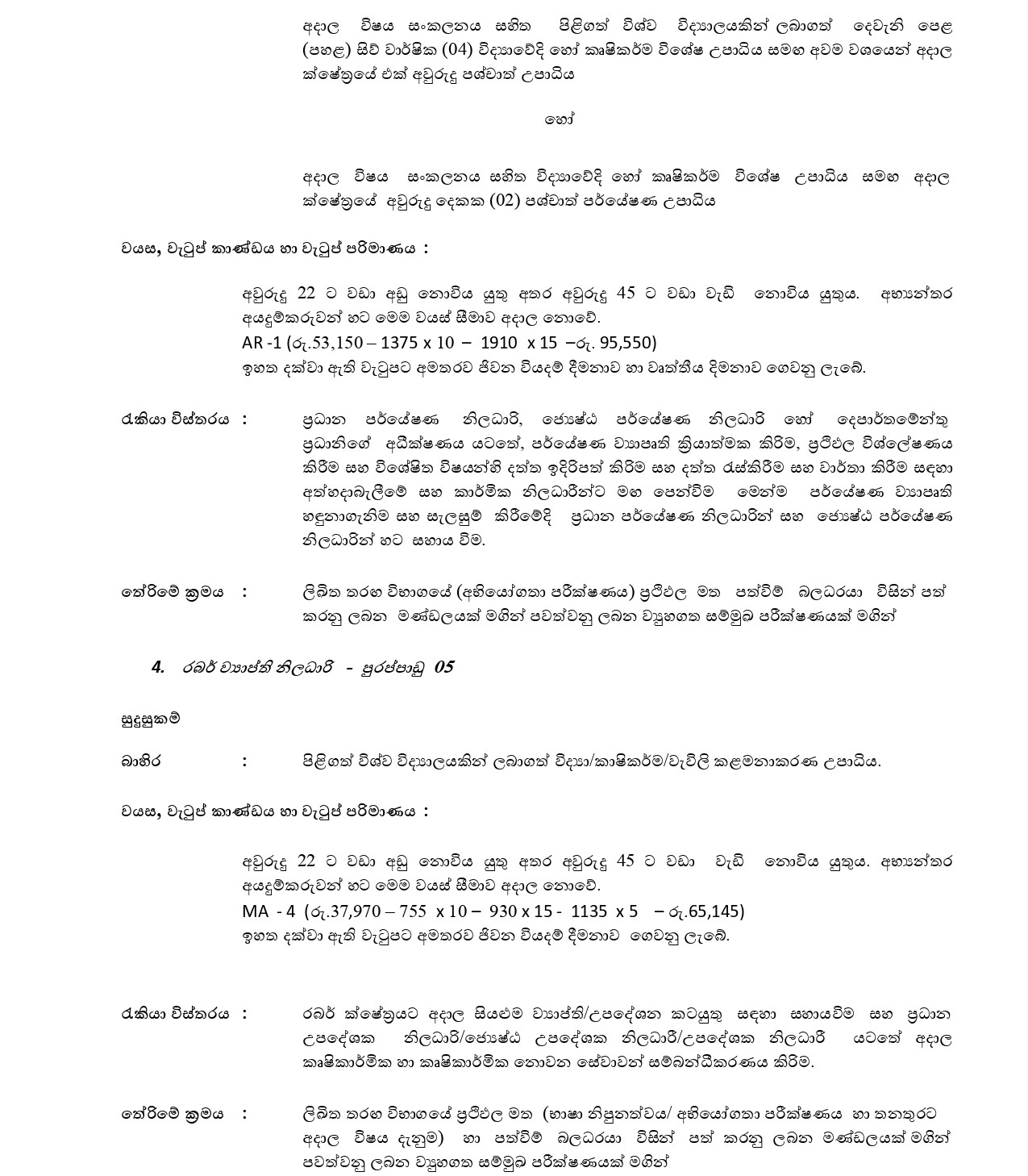 Deputy Director, Accountant, Research Officer, Rubber Extension Officer - Rubber Research Institute of Sri Lanka