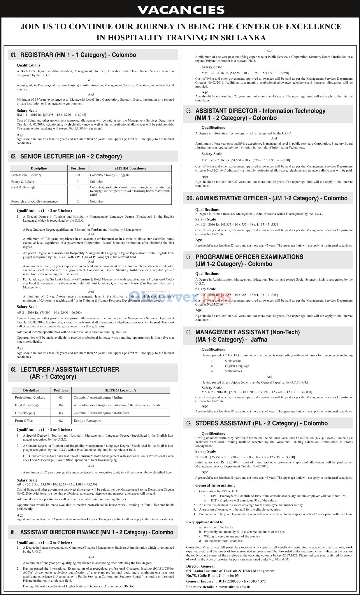 Management Assistant, Stores Assistant, Administrative Officer, Programme Officer (Examinations), Registrar, Lecturer, Assistant Director - Sri Lanka Institute of Tourism & Hotel Management