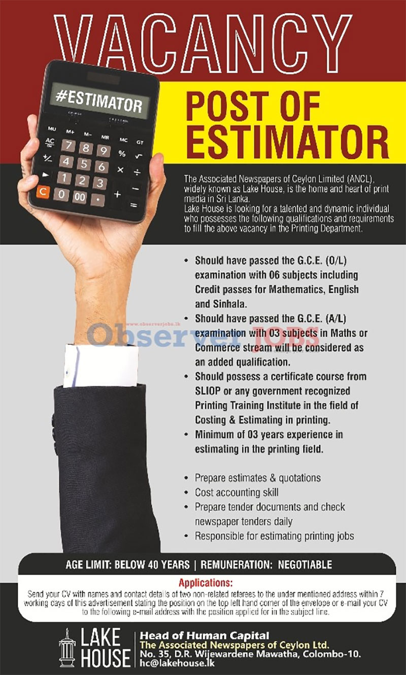 Estimator - The Associated Newspapers of Ceylon Ltd