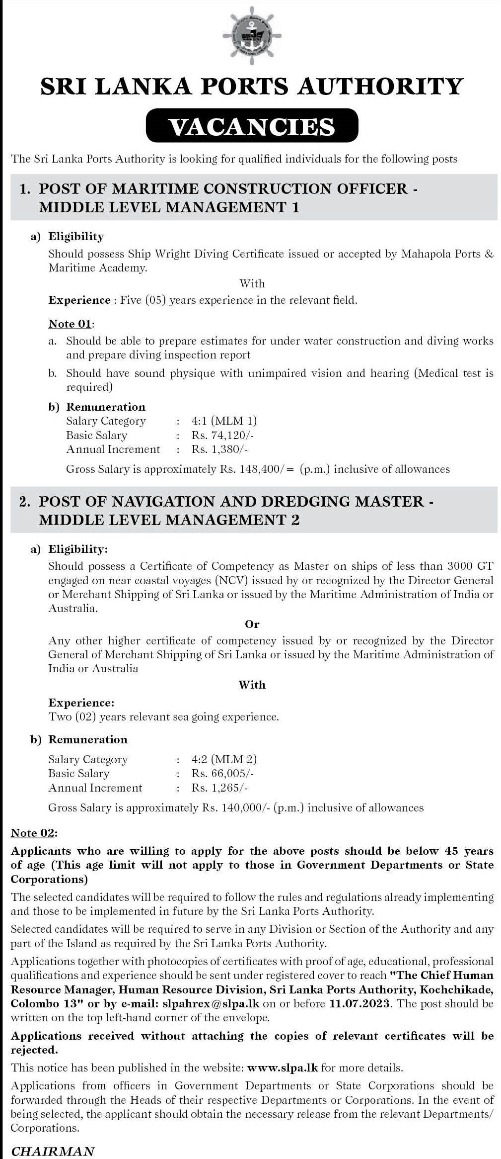 Maritime Construction Officer, Navigation & Dredging Master - Sri Lanka Ports Authority