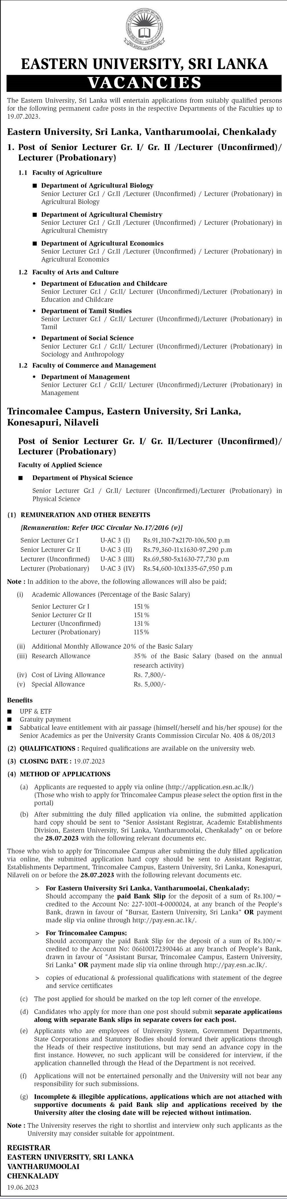 Senior Lecturer, Lecturer - Eastern University, Sri Lanka