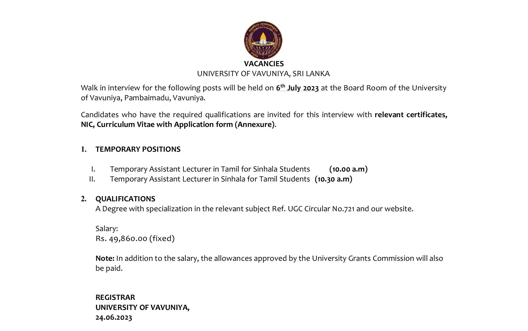 Assistant Lecturer - University of Vavuniya