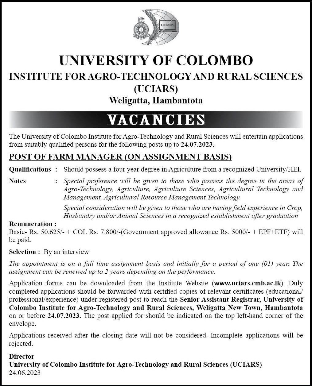 Farm Manager - University of Colombo