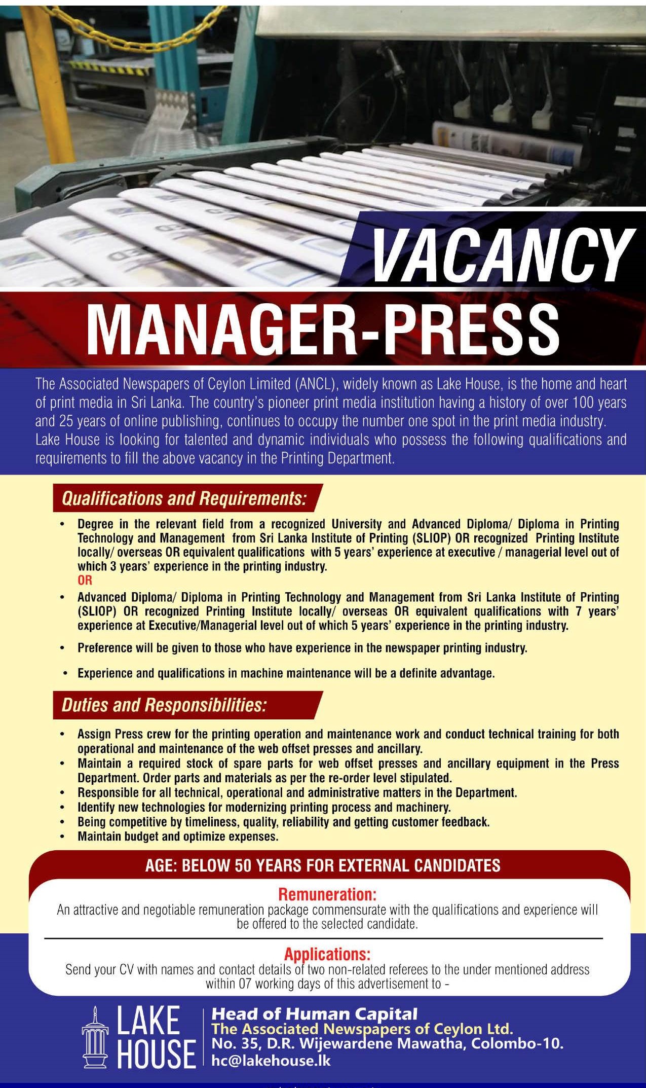 Manager (Press) - The Associated Newspapers of Ceylon Limited