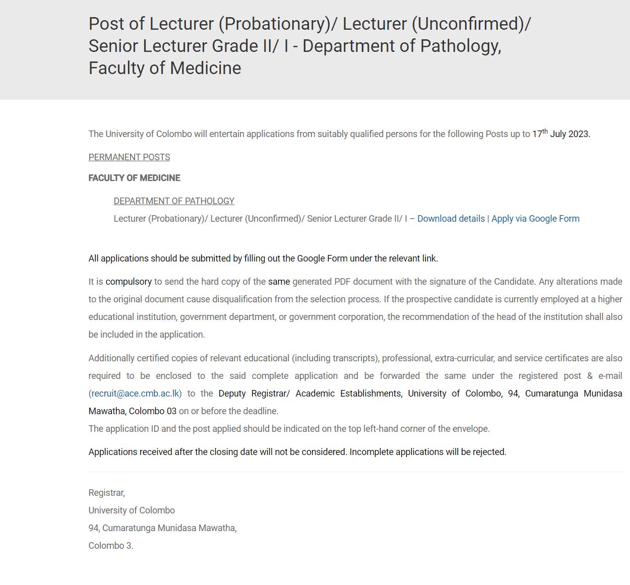 Lecturer, Senior Lecturer - University of Colombo