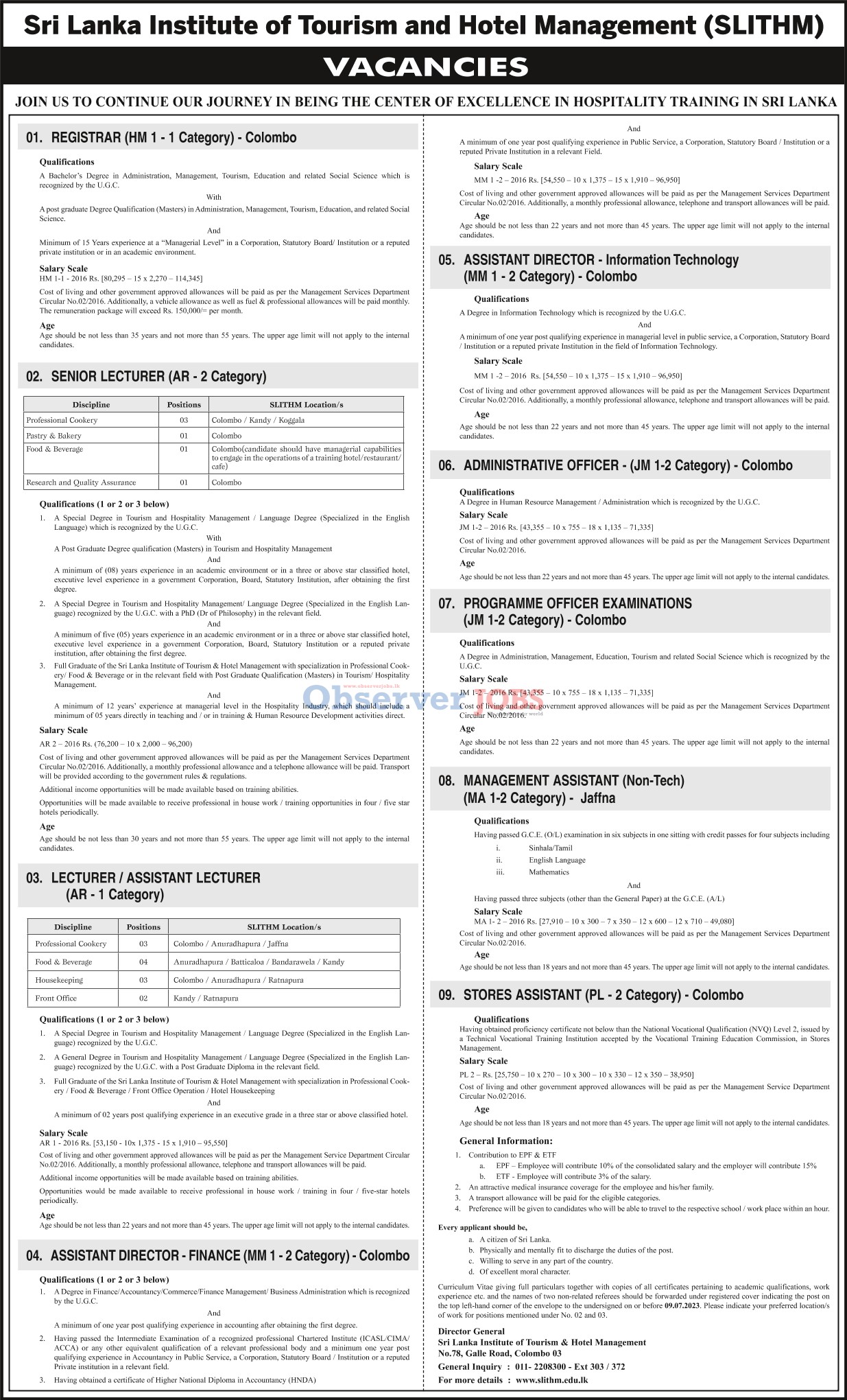 Management Assistant, Stores Assistant, Administrative Officer, Registrar, Senior Lecturer, Lecturer/Assistant Lecturer, Assistant Director, Programme Officer - Sri Lanka Institute of Tourism & Hotel Management