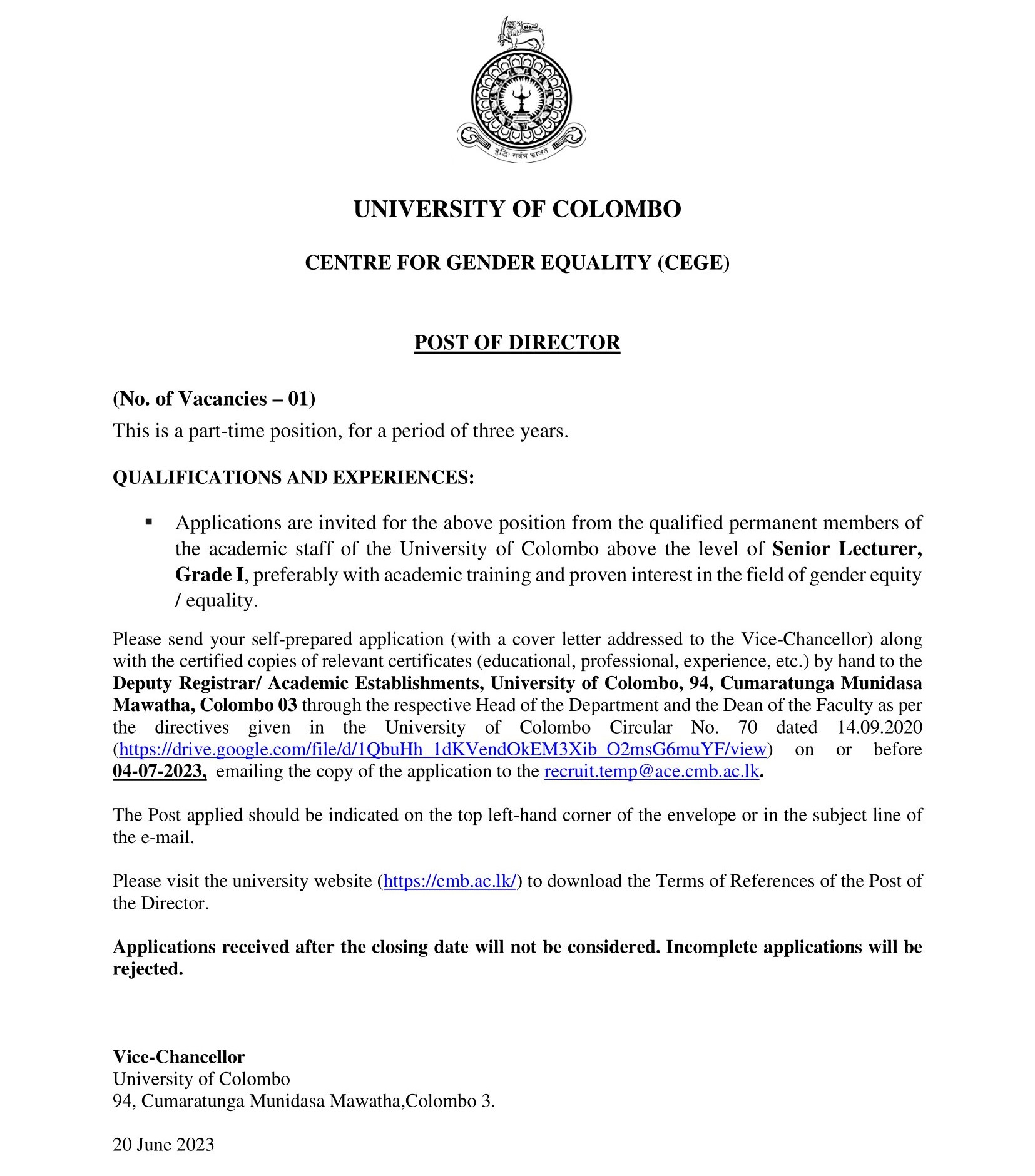 Director - University of Colombo