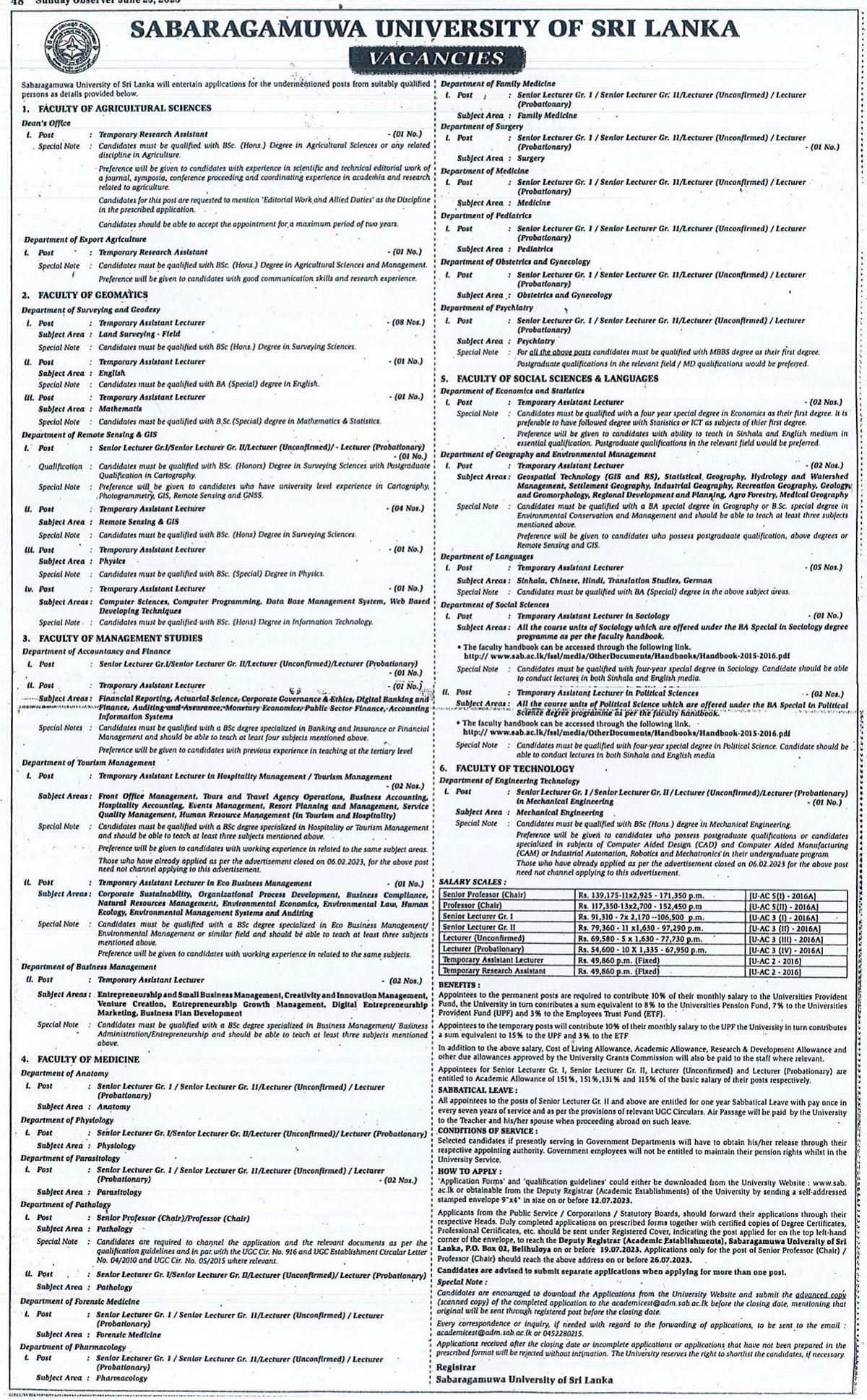 Senior Professor, Professor, Senior Lecturer, Lecturer, Assistant Lecturer, Research Assistant - Sabaragamuwa University of Sri Lanka