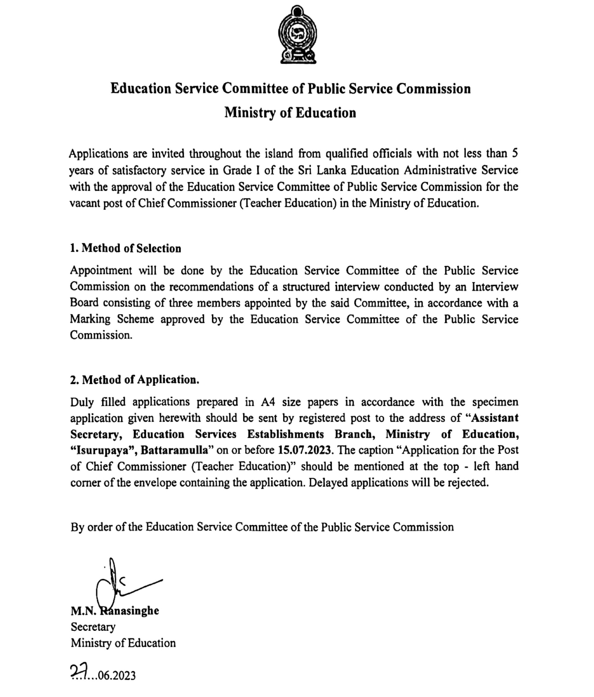 Chief Commissioner (Teacher Education) - Ministry of Education