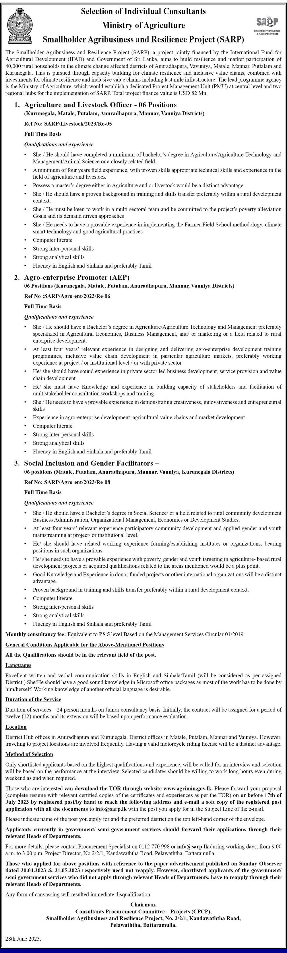 Agriculture & Livestock Officer, Agro-enterprise Promoter, Social Inclusion & Gender Facilitator - Smallholder Agribusiness & Resilience Project - Ministry of Agriculture